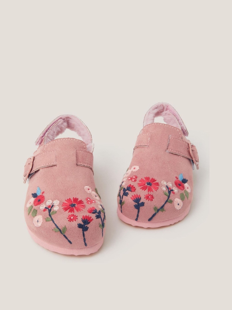 Monsoon Pink Faux Fur Floral Embroidered Clogs - Image 1 of 3 Monsoon Pink Faux Fur Floral Embroidered Clogs - Image 1 of 3