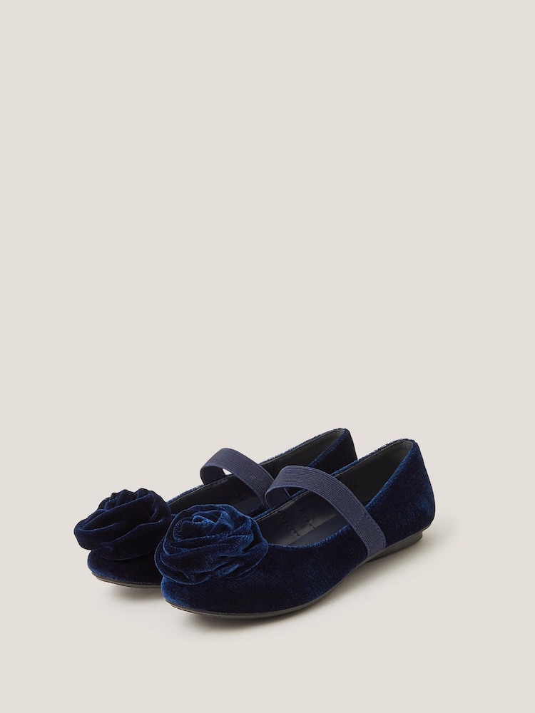 Monsoon Blue Rosette Velvet Strap Ballet Flats - Image 2 of 3 Monsoon Blue Rosette Velvet Strap Ballet Flats - Image 2 of 3
