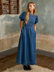 Ro&Zo Blue Denim Puff Sleeve Midi Dress - Image 1 of 5