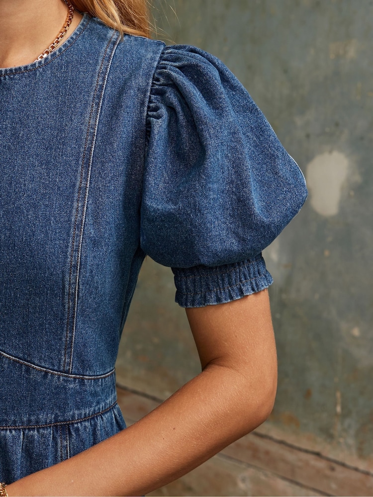 Ro&Zo Blue Denim Puff Sleeve Midi Dress - Image 2 of 5