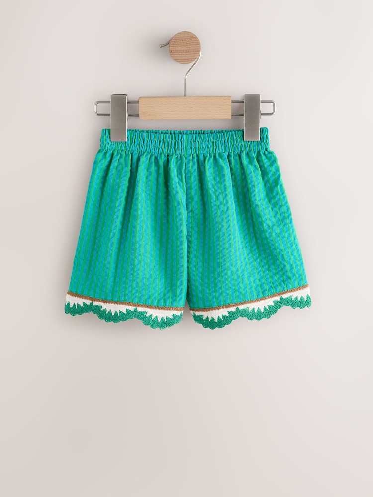 Green Seersucker Stripe Crochet Trim Shorts (3mths-7yrs) - Image 1 of 4