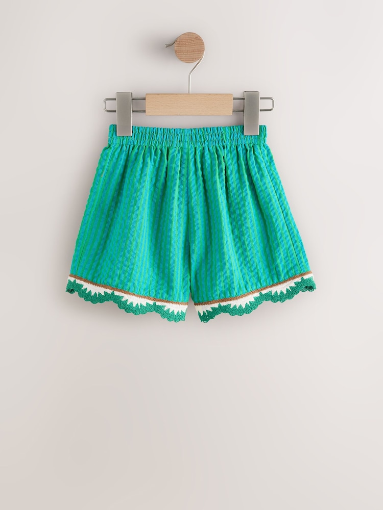 Green Seersucker Stripe Crochet Trim Shorts (3mths-7yrs) - Image 2 of 4
