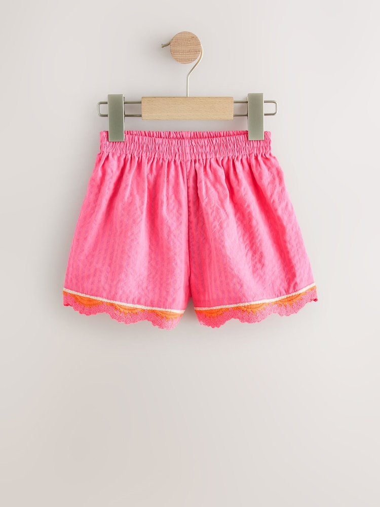 Pink Seersucker Stripe Crochet Trim Shorts (3mths-7yrs) - Image 1 of 4