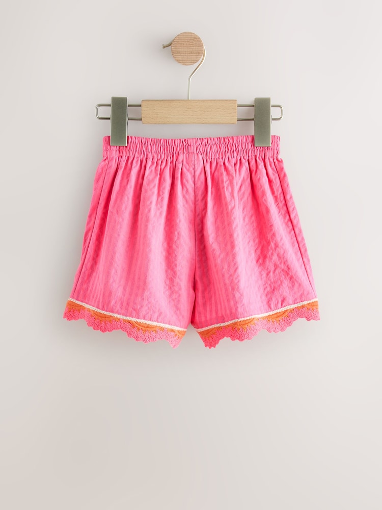 Pink Seersucker Stripe Crochet Trim Shorts (3mths-7yrs) - Image 2 of 4