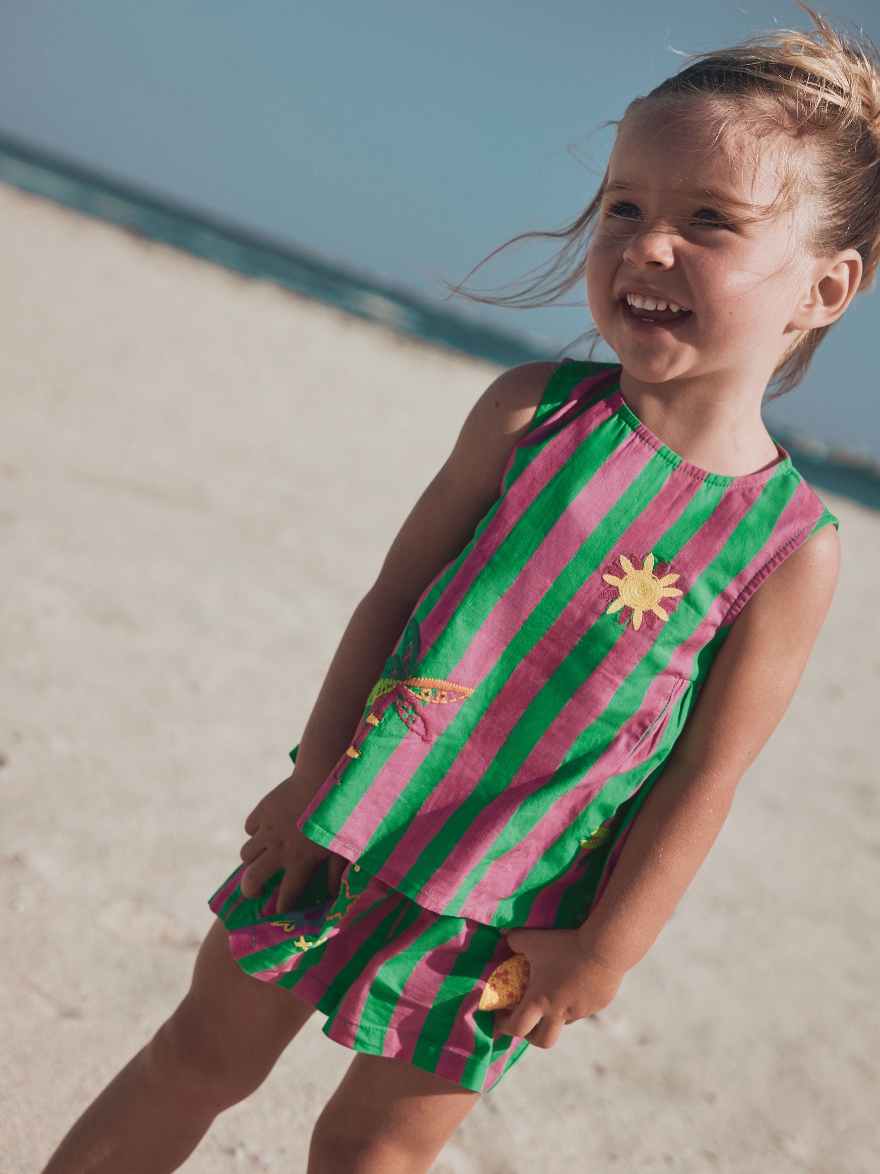 Buy Pink/Green Stripe Embroided Shorts And Top Set (3mths-7yrs