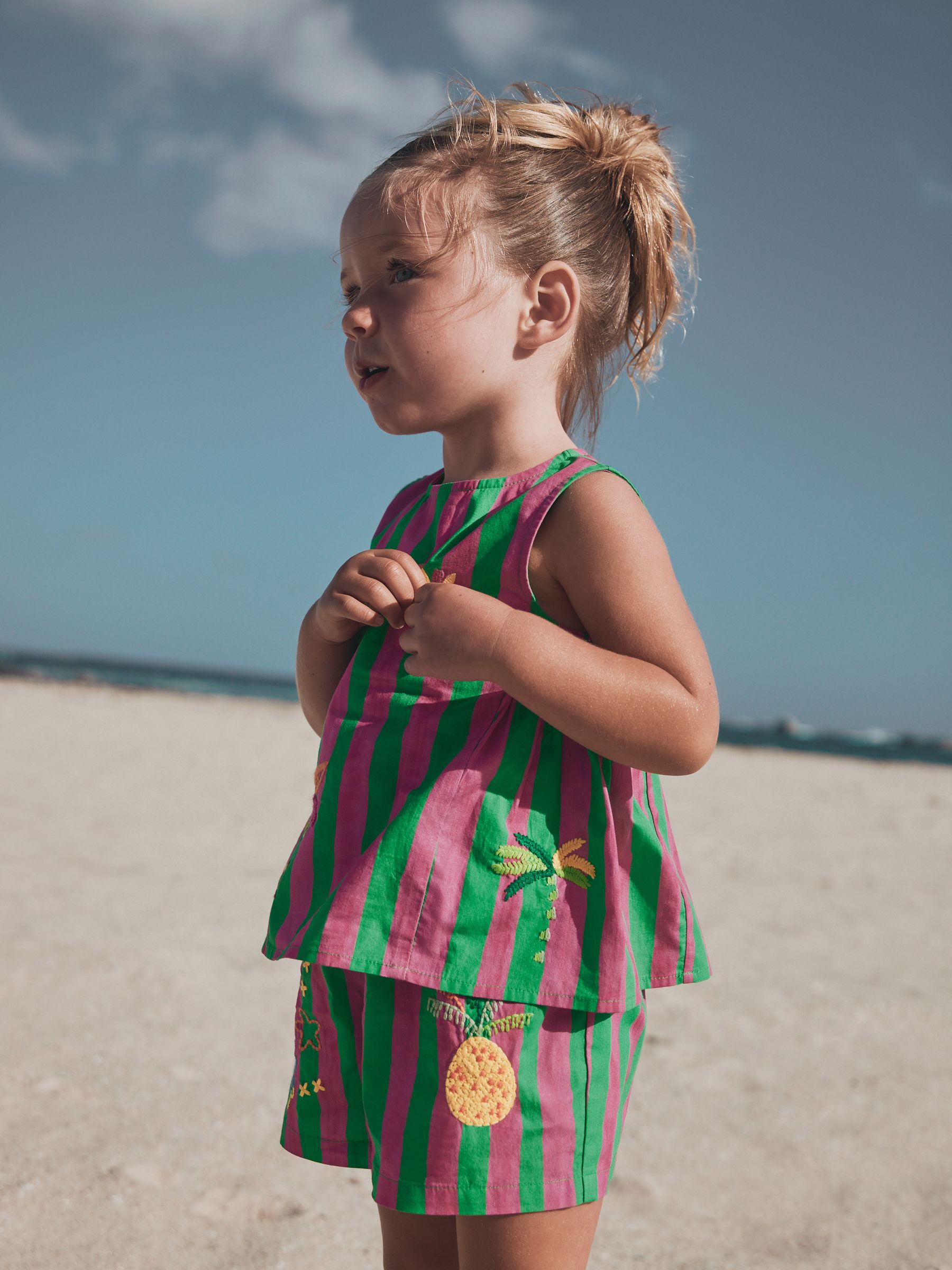 Buy Pink/Green Stripe Embroided Shorts And Top Set (3mths-7yrs