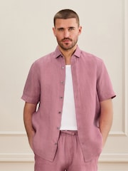 Pink Regular Fit Signature Basket Weave Linen Short Sleeve Shirt - Image 1 of 7