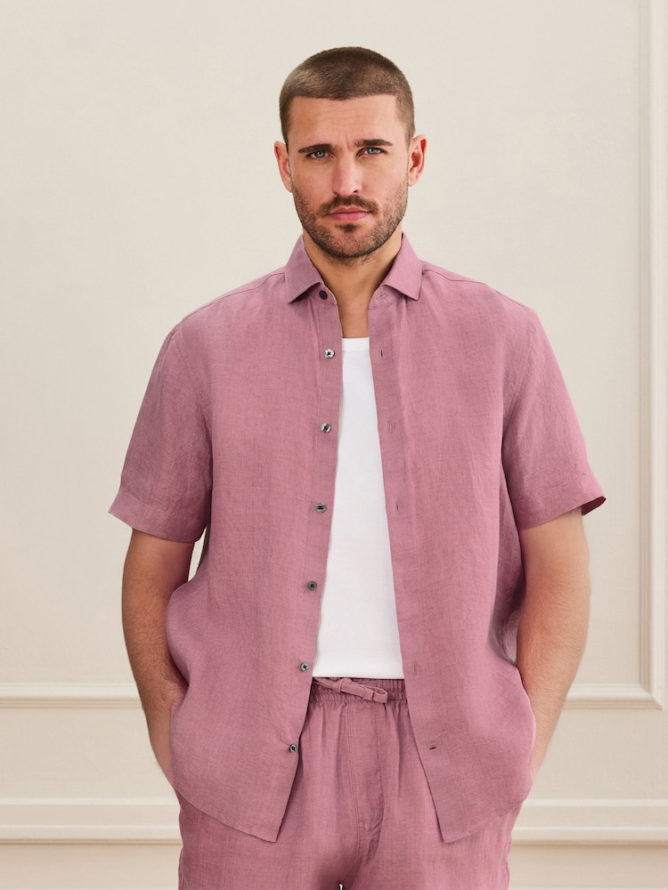 Pink Regular Fit Signature Basket Weave Linen Short Sleeve Shirt - Image 1 of 7