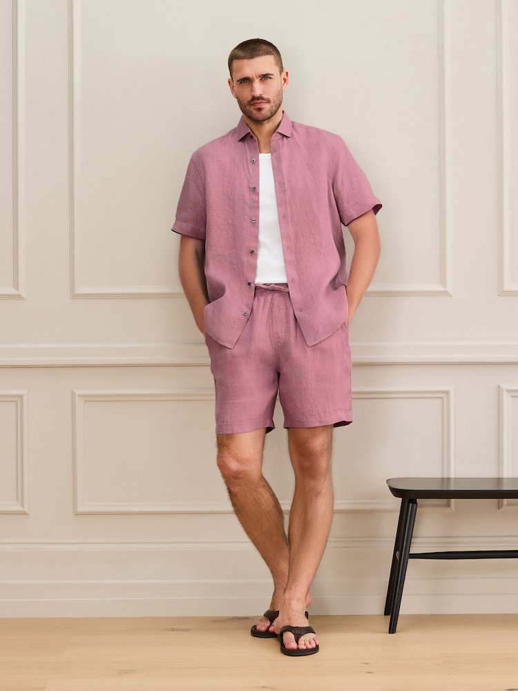 Pink Regular Fit Signature Basket Weave Linen Short Sleeve Shirt - Image 2 of 7