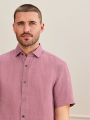 Pink Regular Fit Signature Basket Weave Linen Short Sleeve Shirt - Image 3 of 7