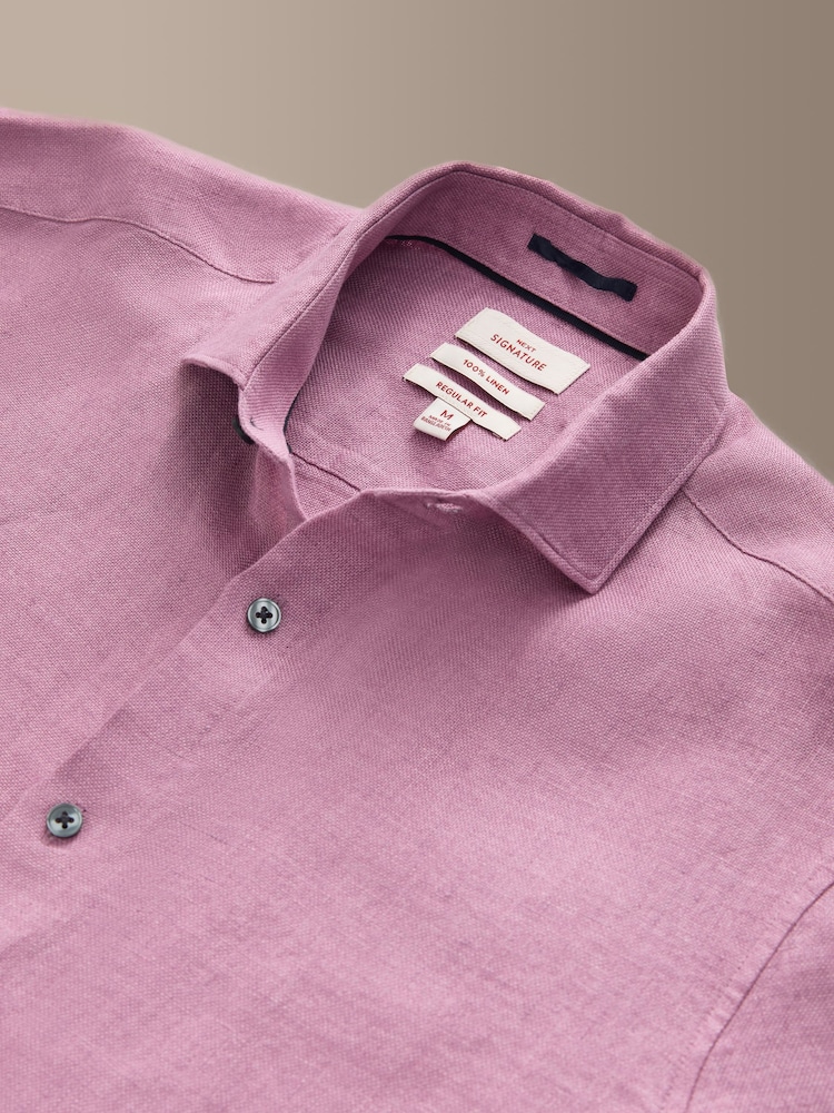 Pink Regular Fit Signature Basket Weave Linen Short Sleeve Shirt - Image 7 of 7
