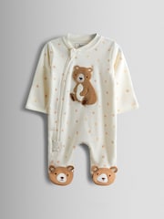 JoJo Maman Bébé Cream Bear Appliqué Zip Sleepsuit - Image 1 of 4