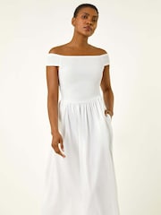 Roman White Plain Shirred Midi Dress - Image 1 of 5