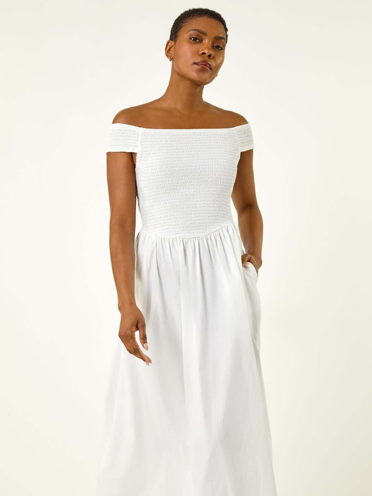 Roman White Plain Shirred Midi Dress - Image 1 of 5