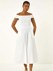 Roman White Plain Shirred Midi Dress - Image 3 of 5