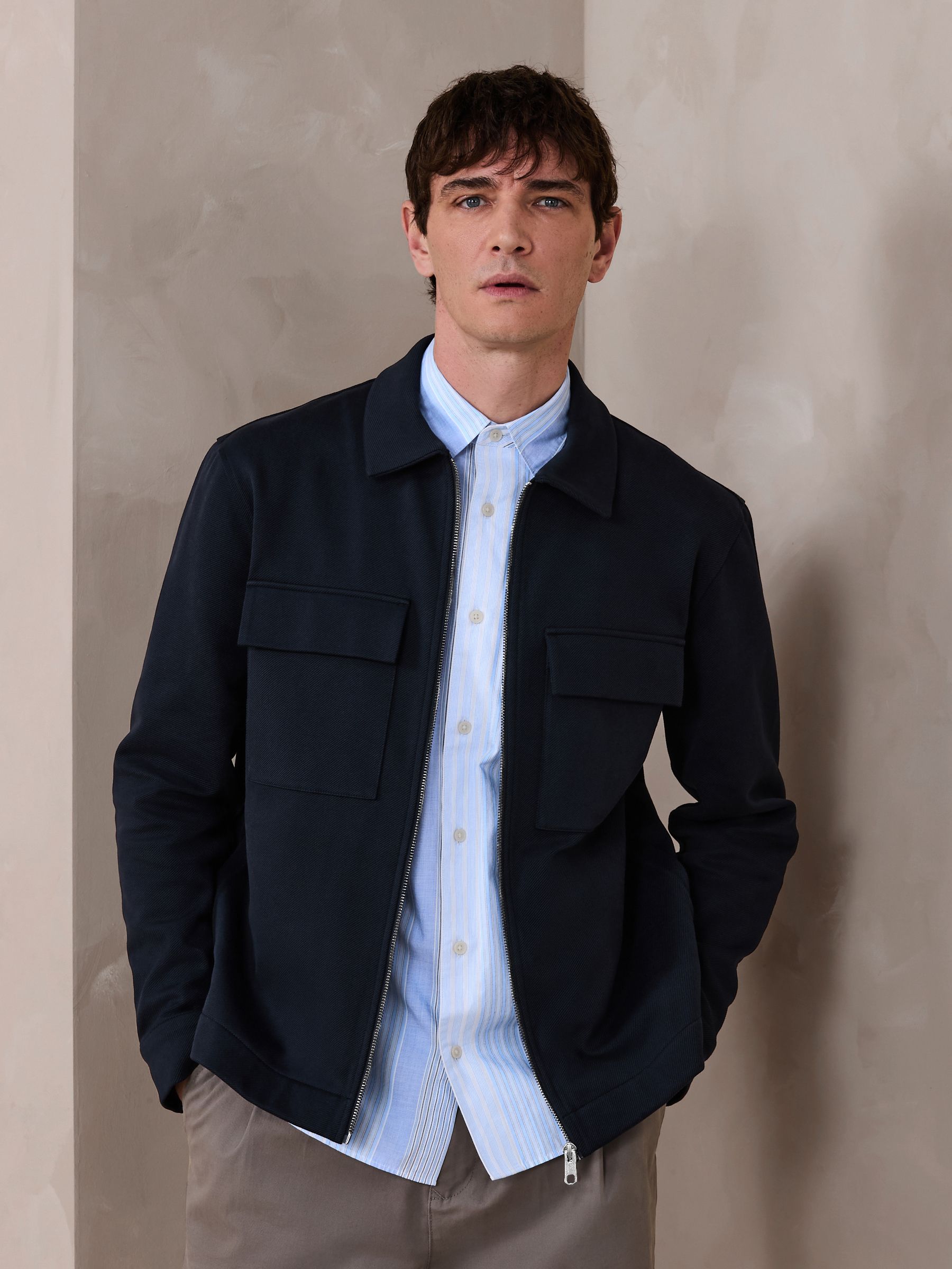 Buy Navy Blue N. Premium Jersey Zip Through Shacket from the Next