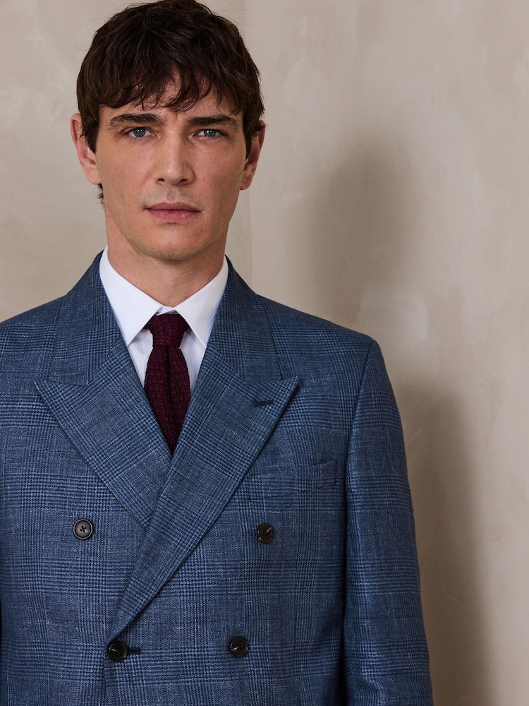 Navy Blue N. Premium Double Breasted Linen Blend Check Blazer - Image 1 of 13