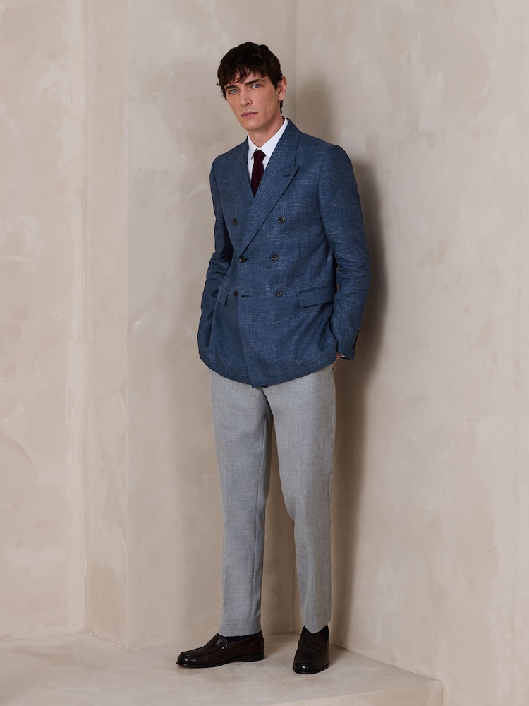 Navy Blue N. Premium Double Breasted Linen Blend Check Blazer - Image 2 of 13