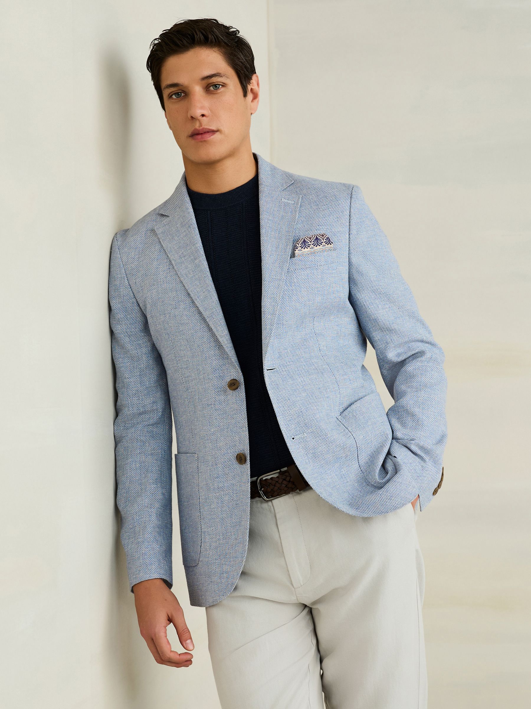 Buy Chambray Blue Slim Fit Textured Linen Blend Blazer from Next India