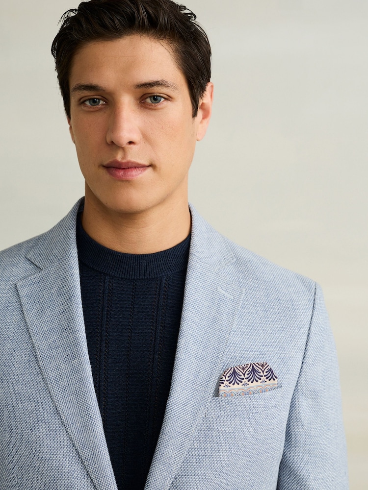 Chambray Blue Slim Fit Textured Linen Blend Blazer - Image 1 of 11