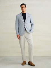 Chambray Blue Slim Fit Textured Linen Blend Blazer - Image 2 of 11