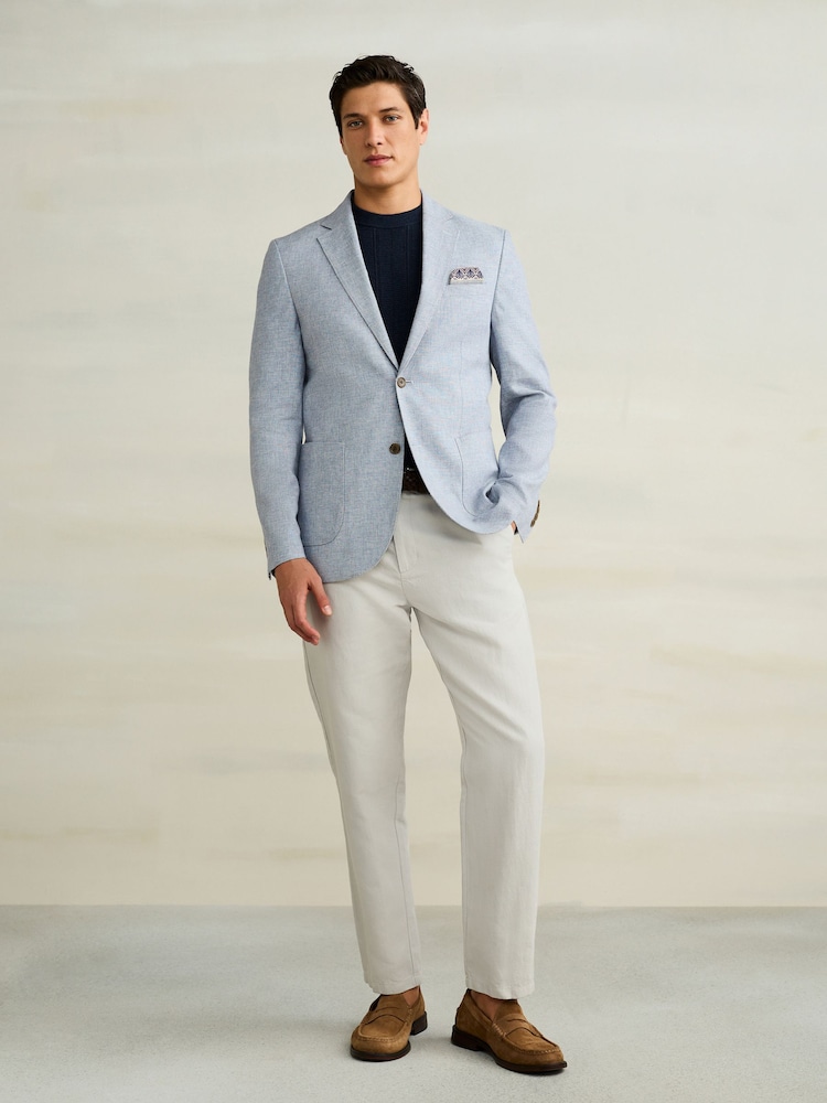 Chambray Blue Slim Fit Textured Linen Blend Blazer - Image 2 of 11