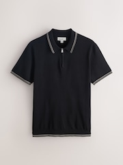Black Slim Fit N. Premium Tipped Short Sleeve Quarter Zip Knit Polo Shirt - Image 1 of 3