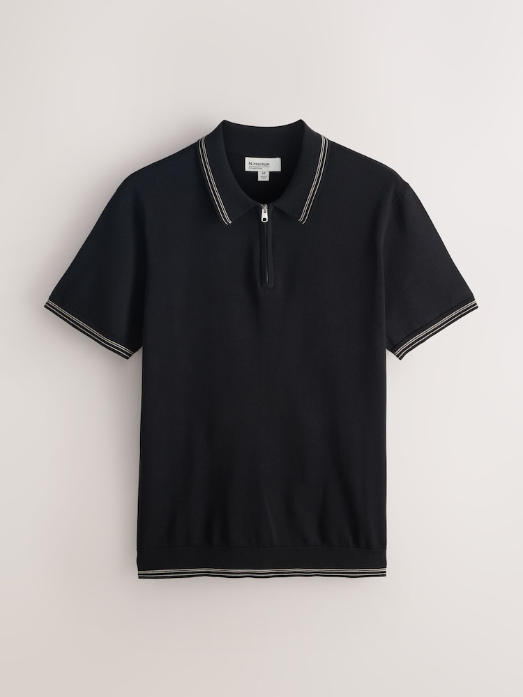 Black Slim Fit N. Premium Tipped Short Sleeve Quarter Zip Knit Polo Shirt - Image 1 of 3