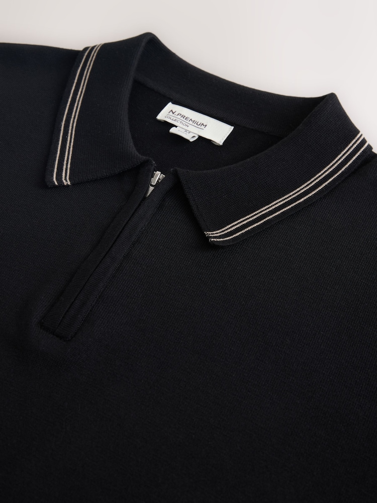 Black Slim Fit N. Premium Tipped Short Sleeve Quarter Zip Knit Polo Shirt - Image 7 of 7