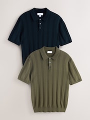 Navy Blue/ Sage Green - Regular Fit Cotton Rich Pointelle Stripe Short Sleeve Knit Polo Shirts 2 Pack - Εικόνα 1 του 5