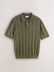 Navy Blue/ Sage Green - Regular Fit Cotton Rich Pointelle Stripe Short Sleeve Knit Polo Shirts 2 Pack - Εικόνα 2 του 5
