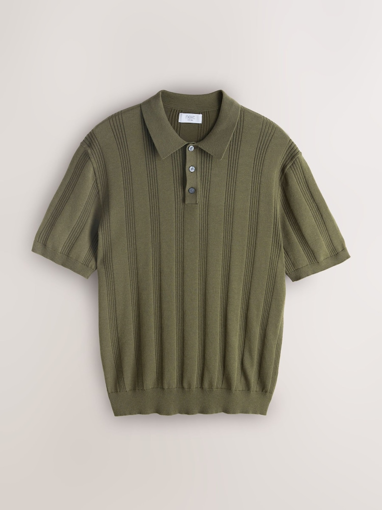 Navy Blue/ Sage Green - Regular Fit Cotton Rich Pointelle Stripe Short Sleeve Knit Polo Shirts 2 Pack - Εικόνα 2 του 5