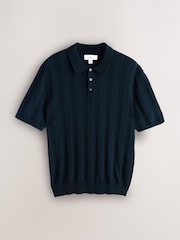 Navy Blue/ Sage Green - Regular Fit Cotton Rich Pointelle Stripe Short Sleeve Knit Polo Shirts 2 Pack - Εικόνα 3 του 5