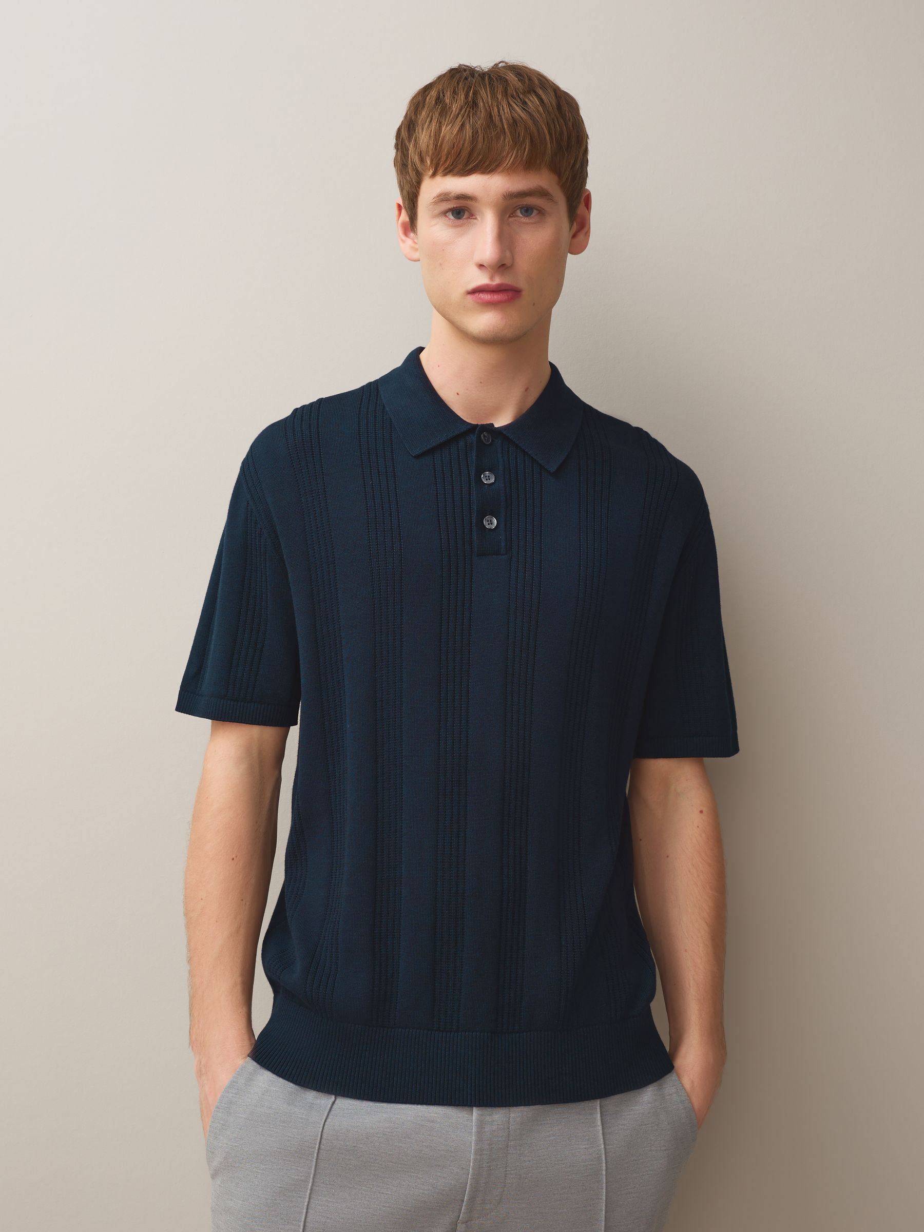 Buy Navy Blue/Green Cotton Rich Pointelle Knit Polo Shirts 2 Pack