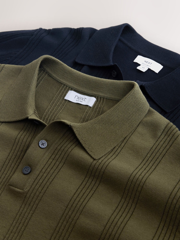 Navy Blue/ Sage Green - Regular Fit Cotton Rich Pointelle Stripe Short Sleeve Knit Polo Shirts 2 Pack - Εικόνα 5 του 5