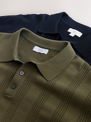 Navy Blue/Green Cotton Rich Pointelle Knit Polo Shirts 2 Pack - Image 9 of 10