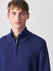 Blue Regular Fit Linen Rich Quarter Zip Neck Jumper - Image 1 of 8
