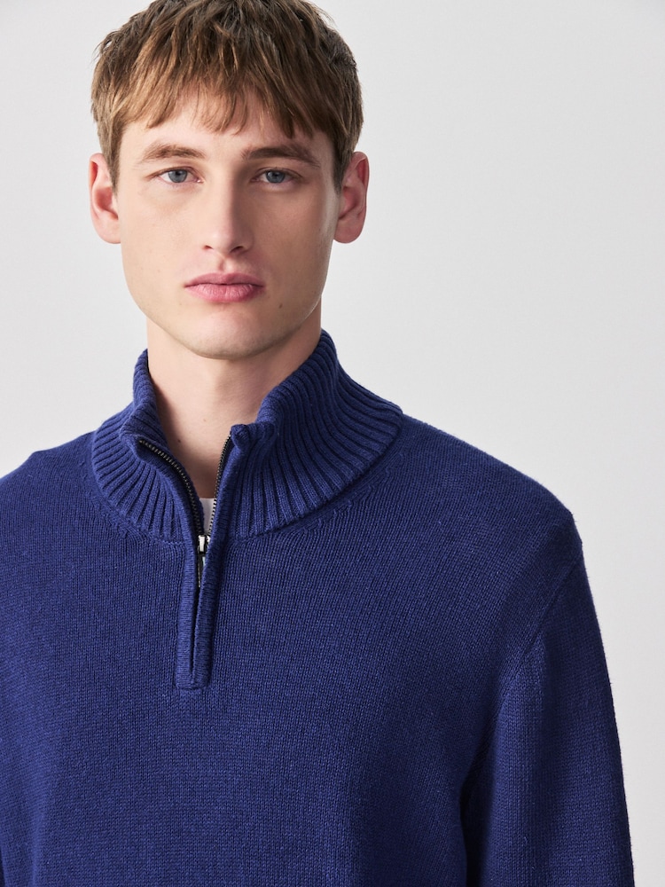 Blue Regular Fit Linen Rich Quarter Zip Neck Jumper - Image 1 of 8
