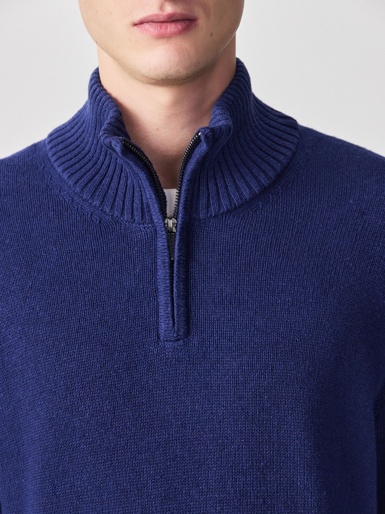 Blue Regular Fit Linen Rich Quarter Zip Neck Jumper - Image 2 of 8