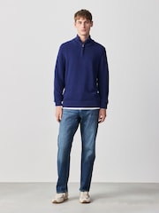 Blue Regular Fit Linen Rich Quarter Zip Neck Jumper - Image 3 of 8
