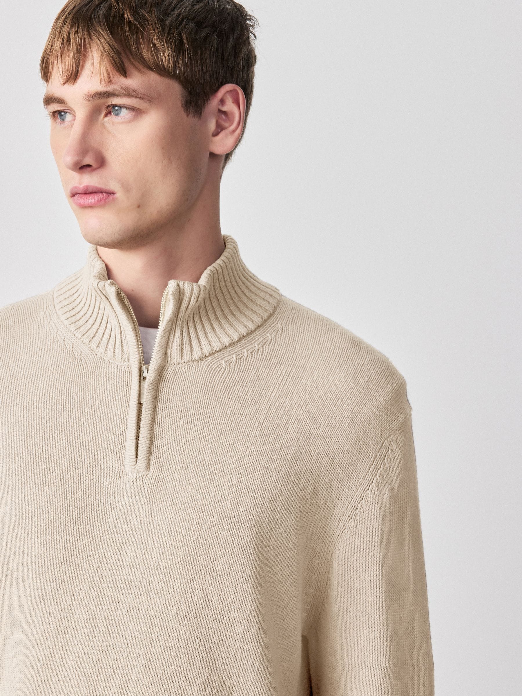 Buy Neutral Regular Fit Linen Rich Quarter Zip Neck Jumper from