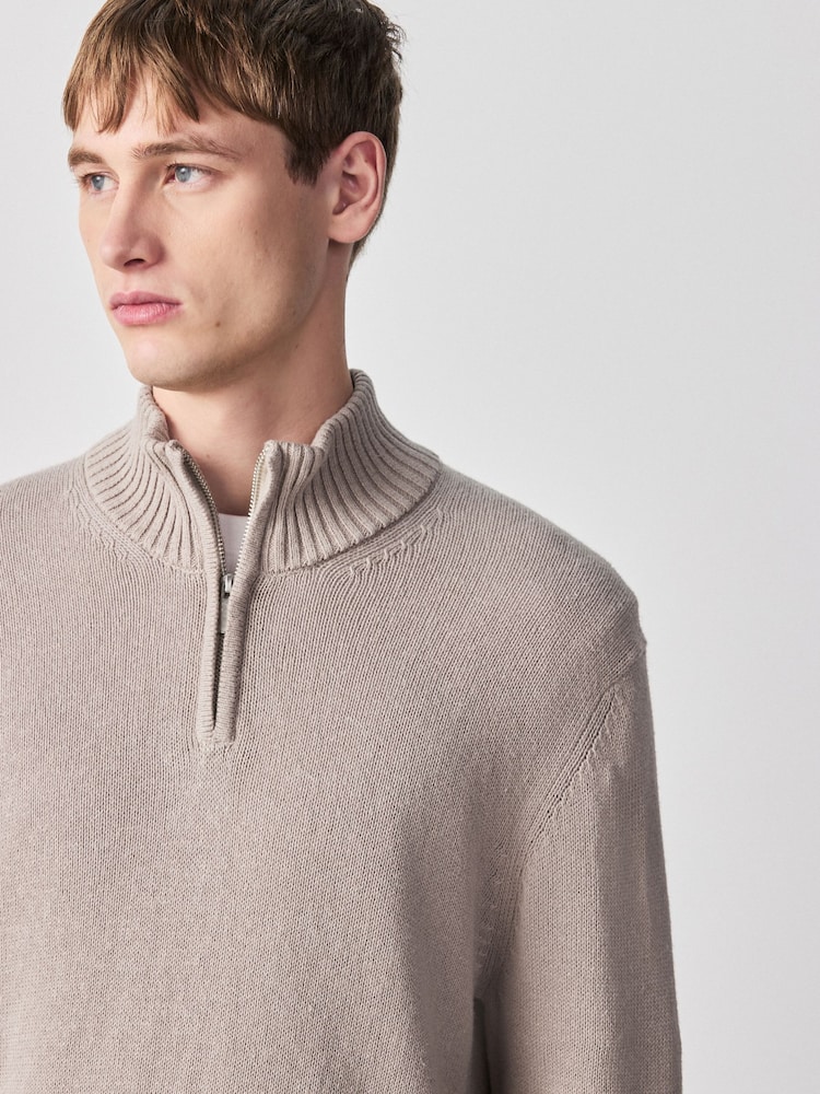 Neutral Regular Fit Linen Rich Quarter Zip Neck Jumper - Image 1 of 8