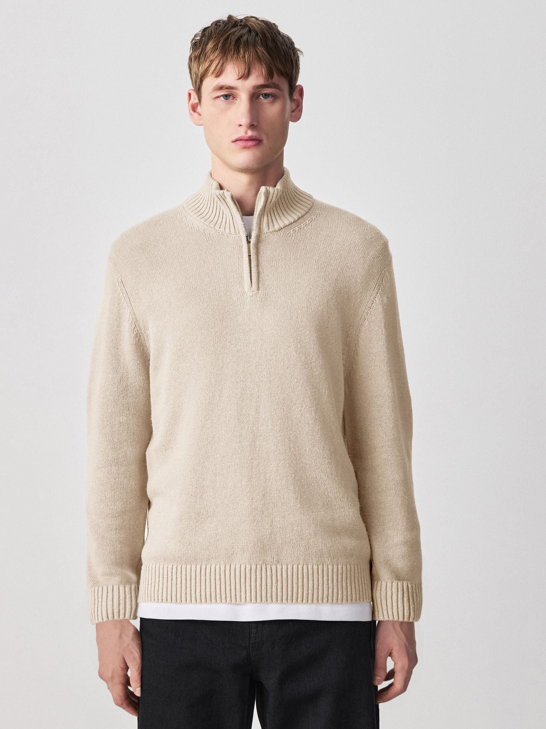 Buy Neutral Regular Fit Linen Rich Quarter Zip Neck Jumper from