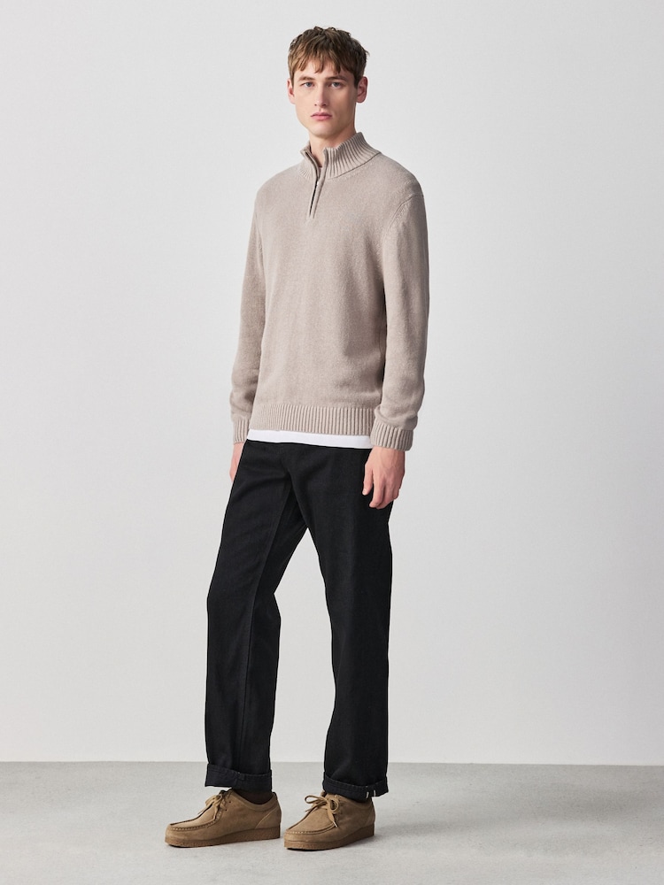 Neutral Regular Fit Linen Rich Quarter Zip Neck Jumper - Image 2 of 8