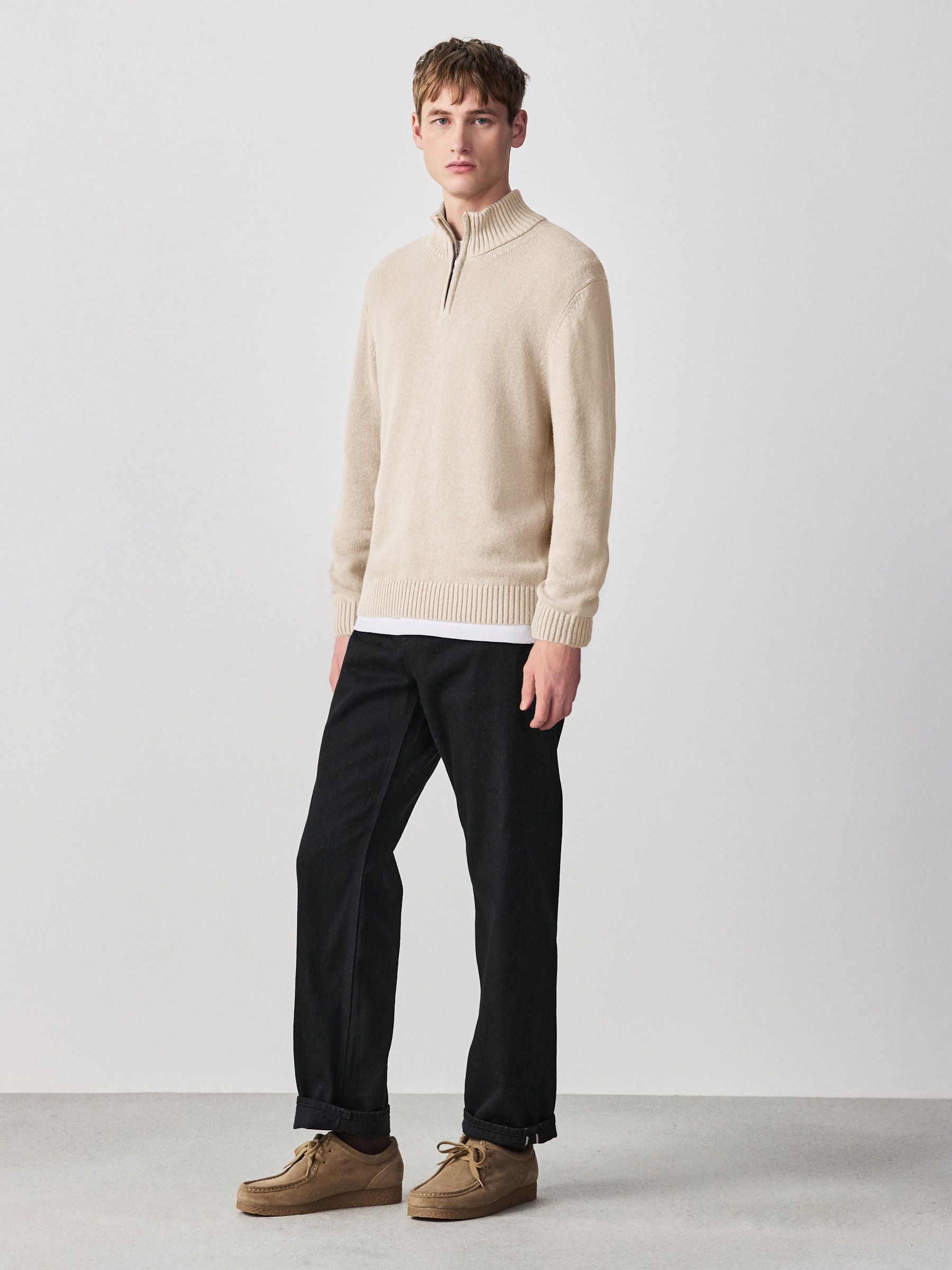 Buy Neutral Regular Fit Linen Rich Quarter Zip Neck Jumper from