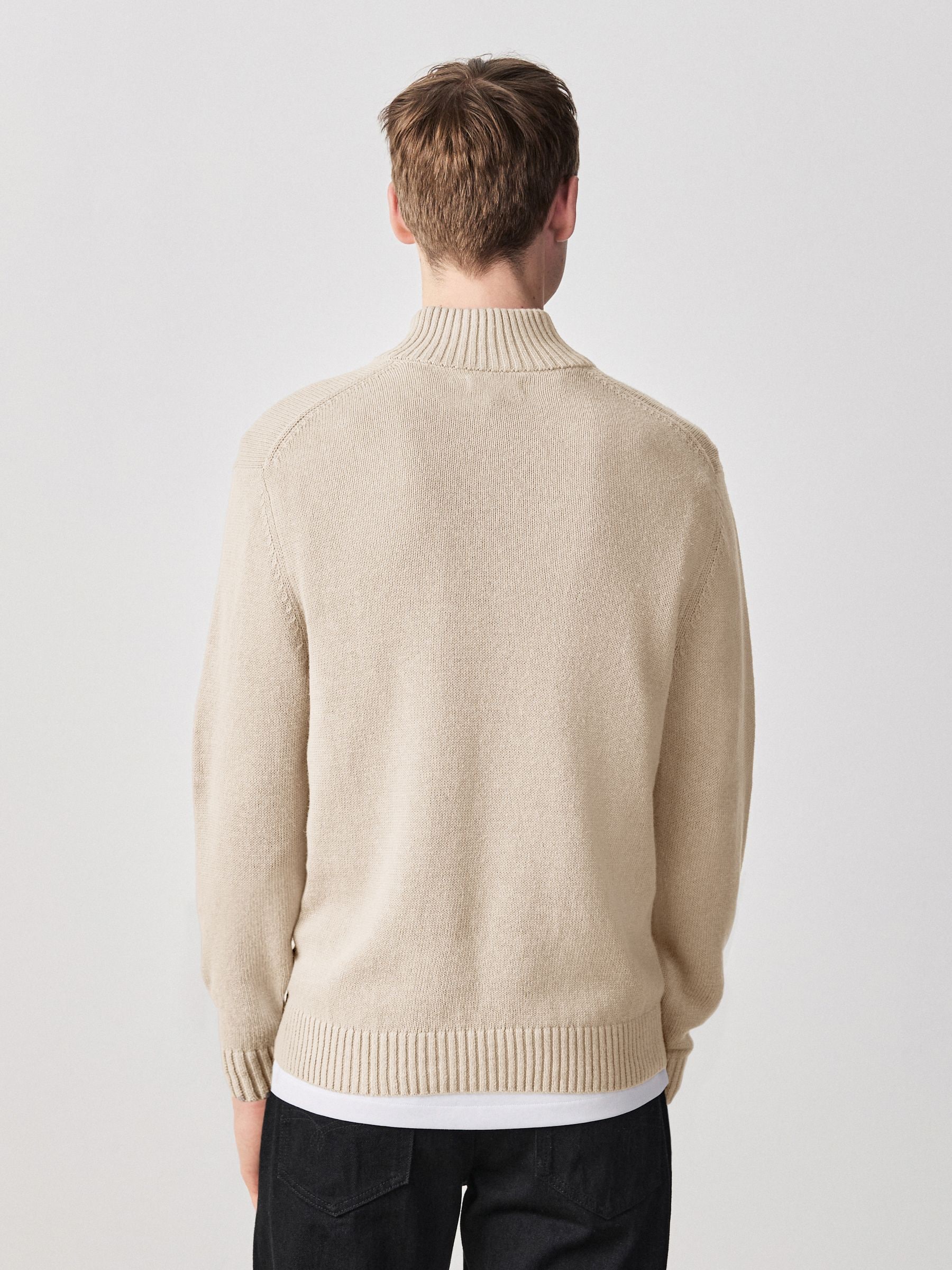 Buy Neutral Regular Fit Linen Rich Quarter Zip Neck Jumper from