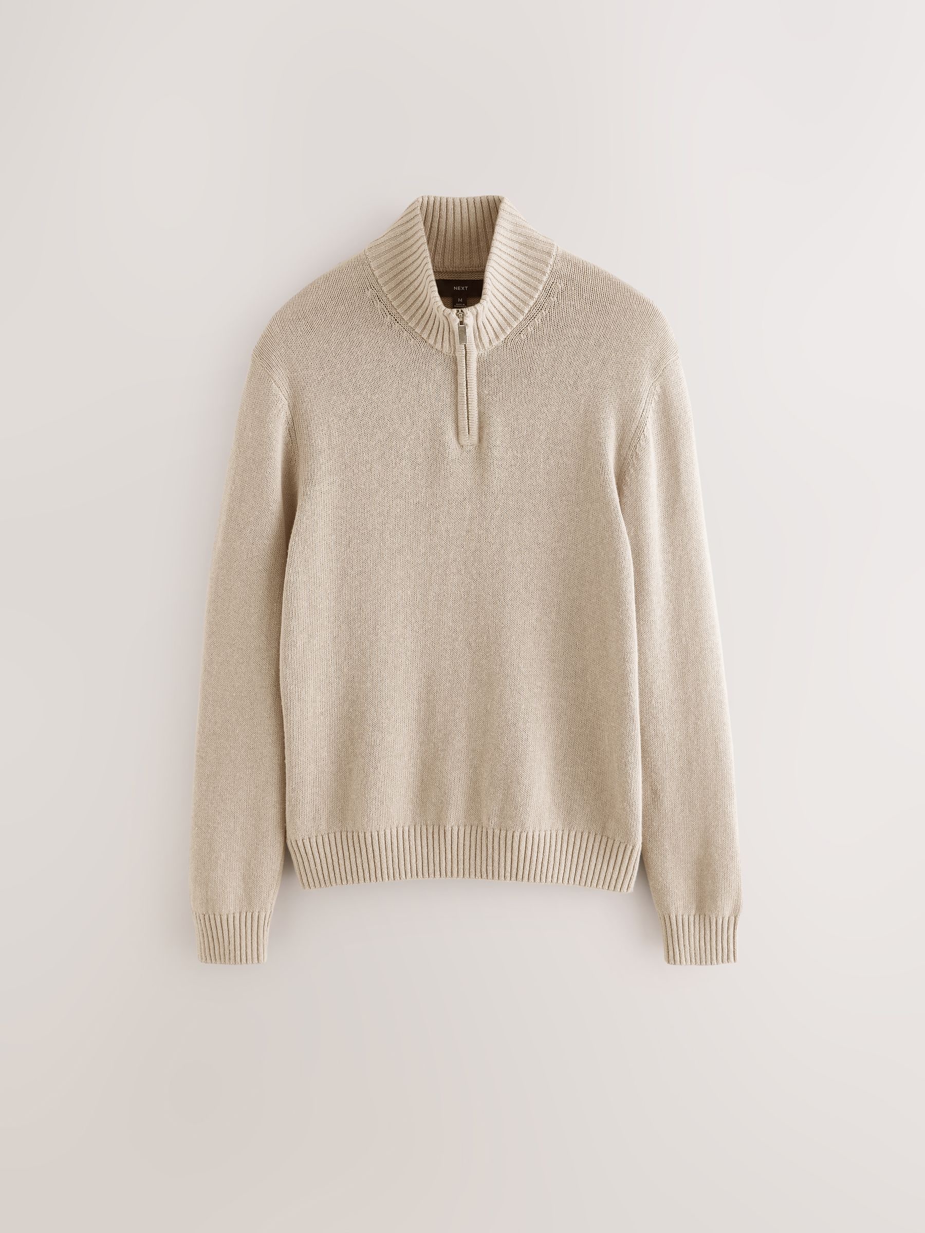 Buy Neutral Regular Fit Linen Rich Quarter Zip Neck Jumper from
