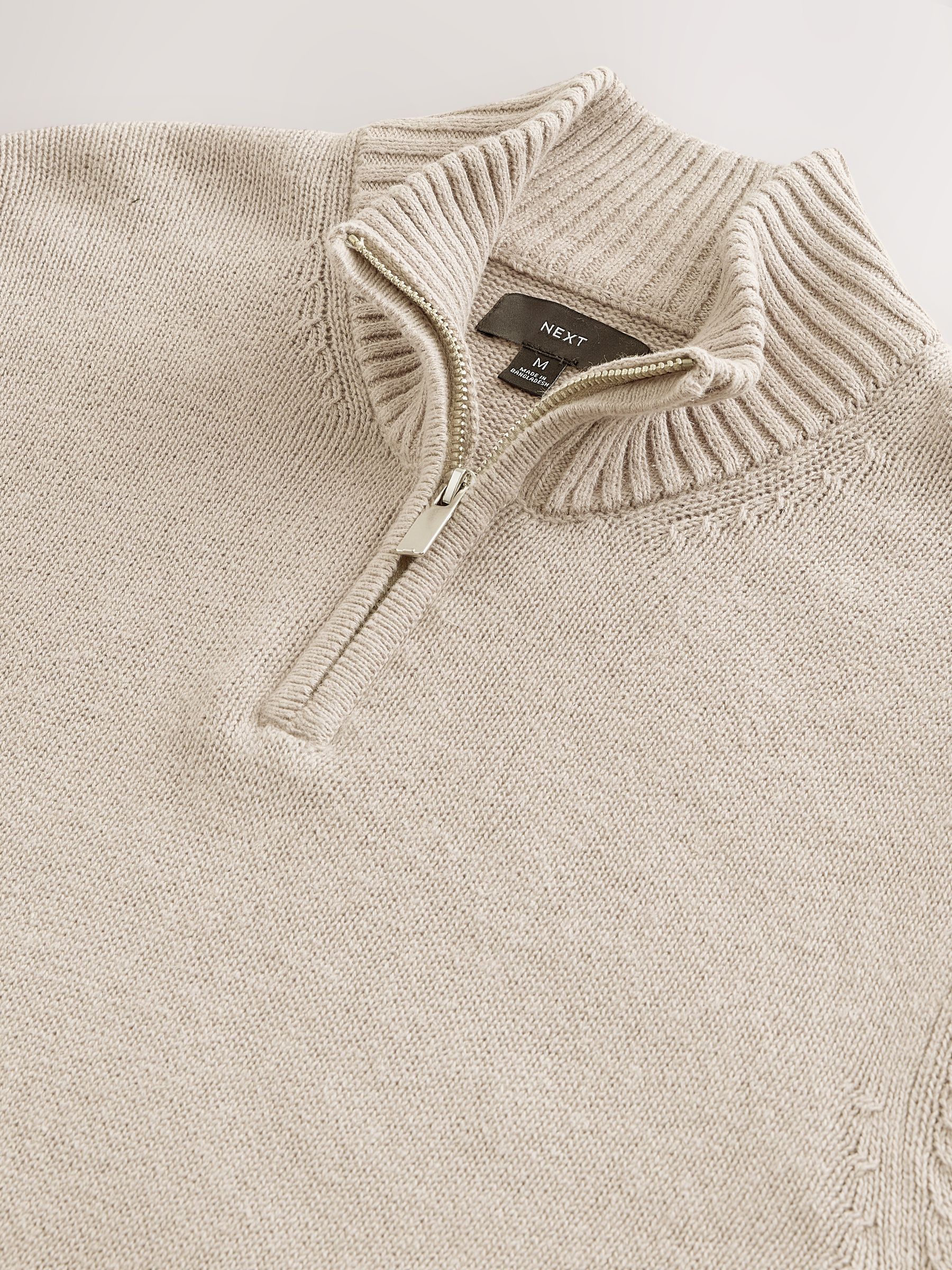 Buy Neutral Regular Fit Linen Rich Quarter Zip Neck Jumper from