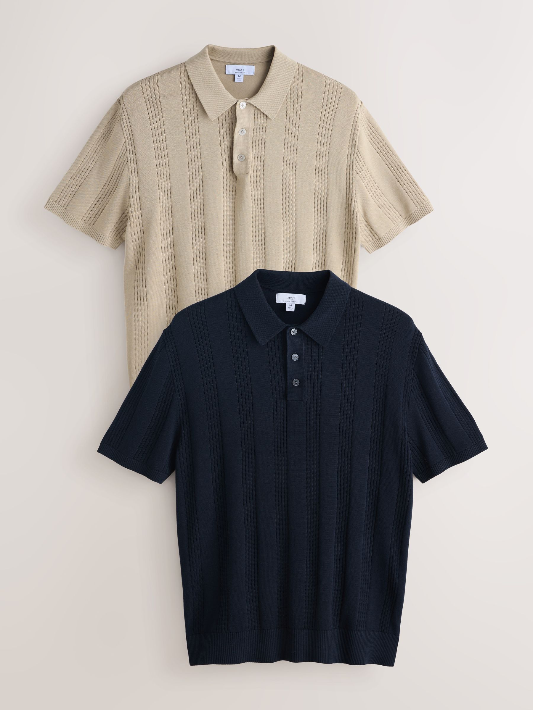 Buy Neutral/Navy Blue Cotton Rich Pointelle Knit Polo Shirts 2