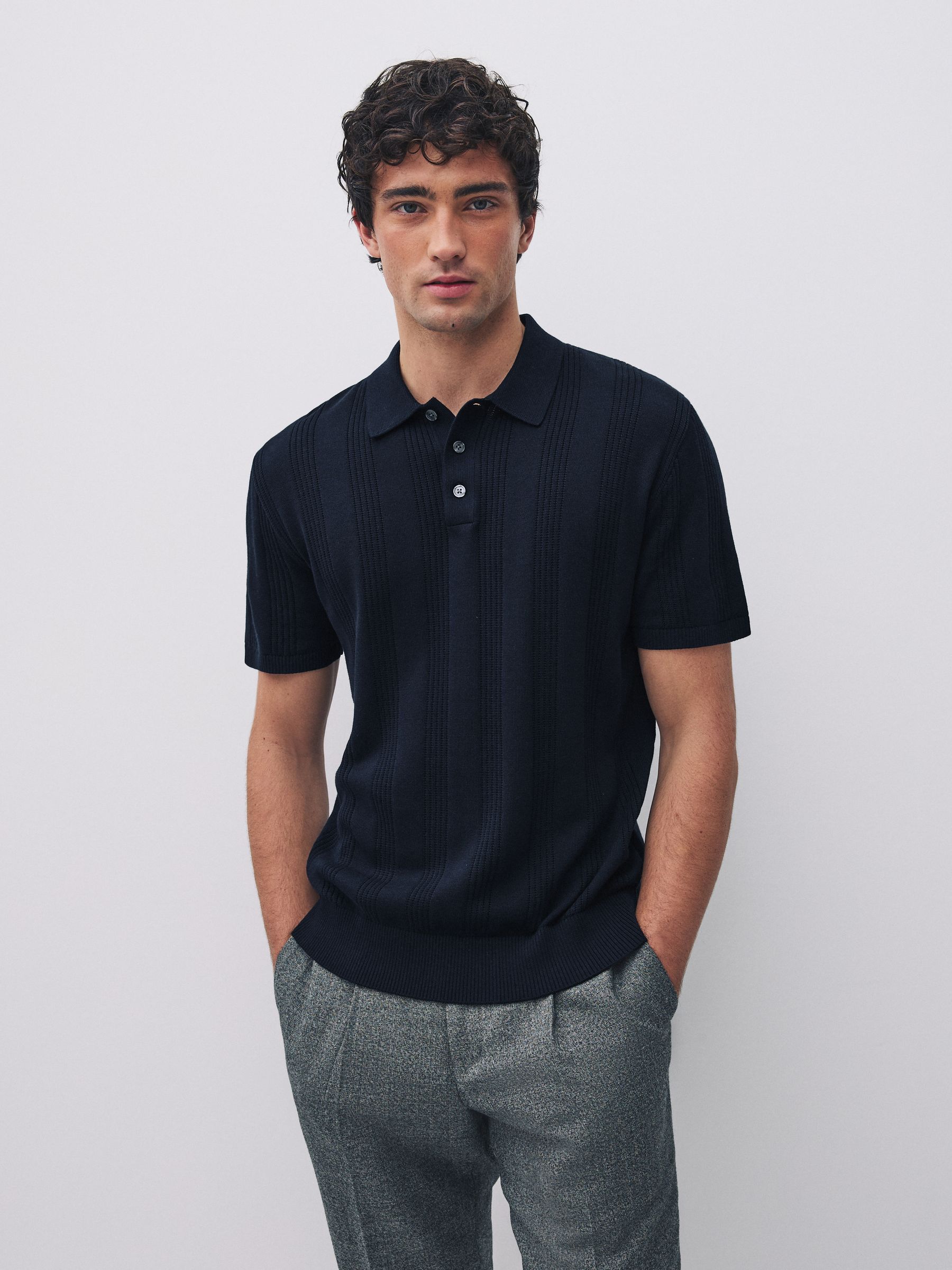 Buy Neutral/Navy Blue Cotton Rich Pointelle Knit Polo Shirts 2
